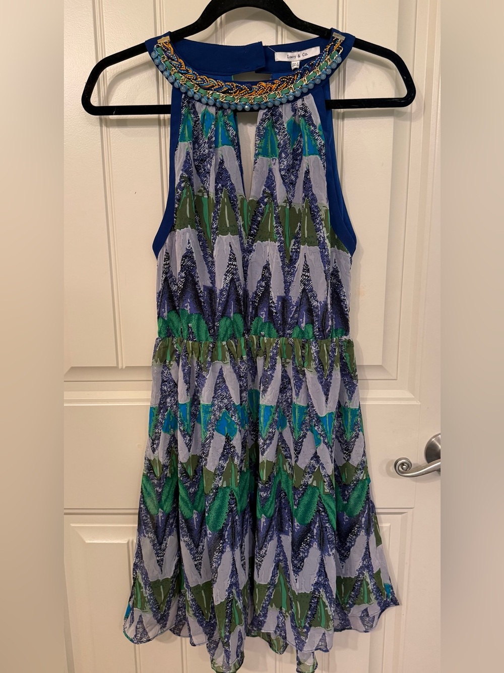 Lady & Co Blue Green Patterned Halter Dress